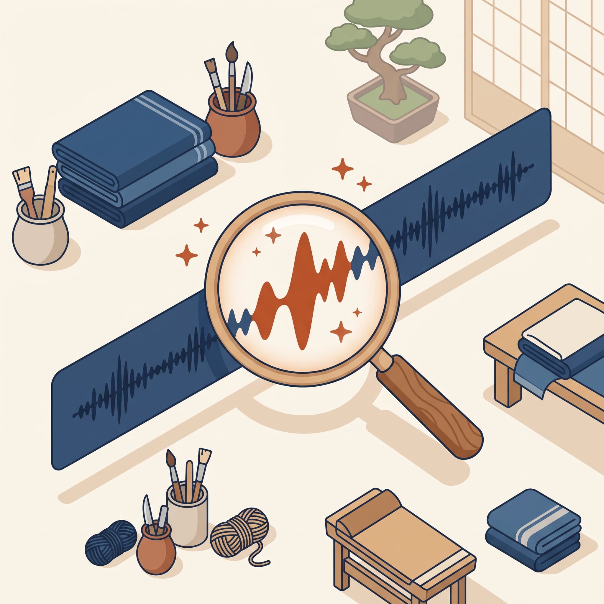 ルーペで音声波形のバズりそうな箇所を拡大して見ているイラスト